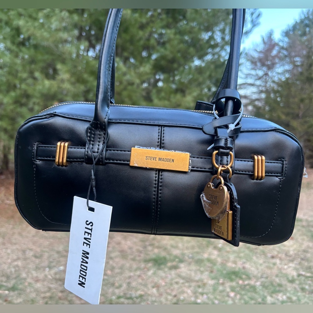 Steve Madden Black Leather Mini Barrel Satchel with Gold Hardware